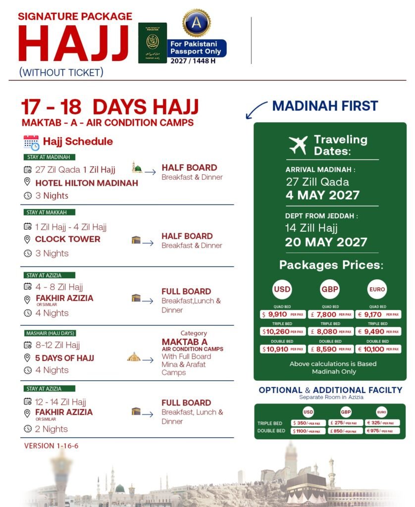 17-18 days hajj package Maktab A from Pakistan